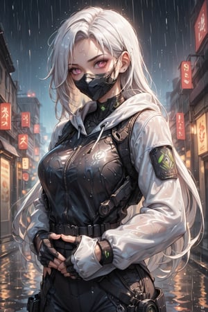 Create a highly detailed illustration of a mysterious, modern ninja girl with long white hair and striking pink eyes. She wears a stylish white hoodie with intricate black and green designs, a black mask covering her face, and black tactical gloves. She carries dual katanas, one on her back and one at her side, showcasing her readiness for action. The setting should feature a rainy, futuristic cityscape with soft, glowing lights reflecting off wet surfaces, adding depth and atmosphere to the scene. The character's pose should be confident and dynamic, exuding a sense of strength and mystery. Pay attention to the lighting and shadows to enhance the dramatic effect, making the overall image visually stunning and immersive