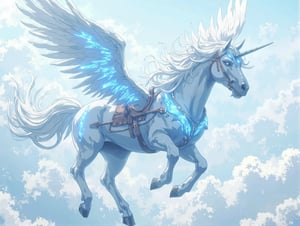 A majestic, anime-style Pegasus flying through a bright, white, and cloudy sky. The Pegasus has powerful wings, with feathers highlighted by a soft blue glow that creates wavy, magical effects around it. Its mane and tail flow wildly, resembling flames but in shades of icy blue, contrasting against the soft, cloud-filled background. Intricate markings and subtle armor add elegance to the creature, while gentle sunlight filters through the clouds, casting a dreamy ambiance. High detail, sharp focus on textures and glow effects, capturing the essence of myth and fantasy.