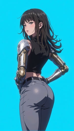 anime style, a comple bright blue background, she's wearing lose grey pants and black mini top, her arm is mechanical,hinata