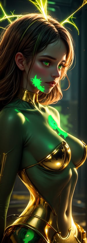 Sexy woman with gold and green mechanical body, glowing green face, glowing green skin, cinematic photography, golden cobweb, majestic, awesome, inspiring, smooth, atmospheric haze, cinamatic composition, soft shadows, national geographic style, green glow, extremely detailed,full_body