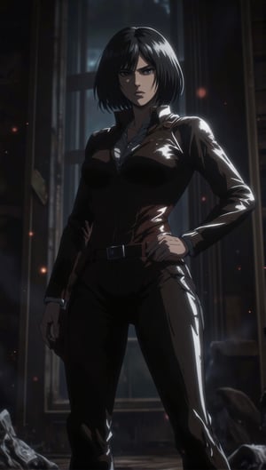 An anime-style image of Mikasa Ackerman from Attack on Titan, standing boldly in tight, form-fitting clothes that emphasize her strong, confident stance. She has a determined expression, exuding power and resilience. The environment around her is dark and intense, with subtle glow effects highlighting her silhouette and features, adding a dramatic and striking contrast. The scene feels moody and intense, with intricate details that bring out her fierce and courageous aura