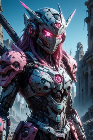 ((Best Quality)), ((Masterpiece)), (Very Detailed:1.3), 3D, Shitu-mecha, Beautiful cyberpunk woman with her pink mech in the ruins of a city in the forgotten war, Ancient technology, HDR (High Dynamic Range), ray tracing, NVIDIA RTX, super resolution, unreal 5, subsurface scattering, PBR texture, post-processing, anisotropic filtering, depth of field, maximum sharpness and sharpness, multi-layer texture, albedo and highlight maps, surface shading, Accurate simulation of light-material interactions, perfect proportions, octane rendering, duotone lighting, low ISO, white balance, rule of thirds, wide aperture, 8K RAW, high efficiency sub-pixels, subpixel convolution, luminous particles, light scattering, tyndall effect (whole body), (delicate facial features), (perfect face), dynamic angles.