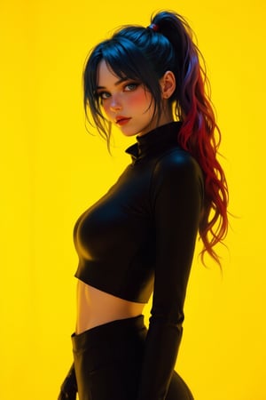 Create a hyper-realistic image of a woman standing against a bright yellow background. She is wearing short, dominant black clothing, with blue hair featuring red accents styled in a ponytail. She has smooth skin and is looking very bold. The brightness should be subtle, with high-contrast highlights on her clothes and face, and sharp lighting