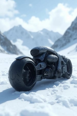 Create a highly detailed futuristic motorcycle set in a snowy, mountainous landscape. The bike has a sleek, aerodynamic design with intricate, black metallic patterns covering its body and large, turbine-like wheels. The snow-covered mountains in the background provide a dramatic and cold atmosphere, with clear skies and soft lighting to highlight the sharp, angular details of the bike. The overall environment feels isolated yet futuristic, with a sense of speed and power embedded in the design. Make sure the lighting casts soft shadows on the snow, emphasizing the bike's form and structure