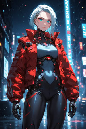  A detailed, high-resolution image of a futuristic, cyberpunk-inspired female character. She should have a blend of human and robotic features, with advanced cybernetic arms and other visible technological enhancements. She is wearing a stylish, form-fitting outfit with a high contrast of colors, like a bright red jacket and sleek, glossy black pants. The setting is bright and well-lit, emphasizing the details and textures of her outfit and cybernetic parts. The character has a confident, fierce expression, with piercing blue eyes that reflect her advanced nature,full_body