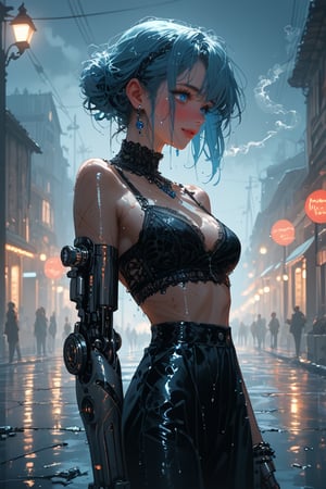 A midnight alleyway bathed in dim, neon-tinged shadows. A female gothic cyborg stands tall, mechanical limbs glistening with blue circuits and metallic sheen, amidst a haze of cigarette smoke and shattered glass shards. Flickering streetlights cast an eerie glow on the wet pavement, while her piercing gaze, like a beacon, cuts through the darkness.