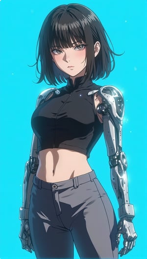 anime style, a comple bright blue background, she's wearing lose grey pants and black mini top, her arm is mechanical,hinata