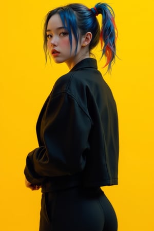 Create a hyper-realistic image of a woman standing against a bright yellow background. She is wearing fully dominant black clothing, has blue hair with red accents in a ponytail hairstyle, and smooth skin. The brightness should be subtle, with high-contrast highlights on her clothes and face, and sharp lighting.