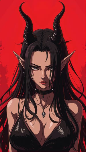 Create a striking, high-contrast portrait of a mystical, otherworldly female character with long, flowing hair and elegant horns that curve gracefully from her head. Her skin should have a smooth, soft glow, with delicate shadowing to highlight her features. Her eyes are intense and slightly narrowed, with intricate black eyeliner, giving her a mysterious, piercing gaze. The character has pointed ears adorned with dark, intricate jewelry, adding to her ethereal look. Use a bold color palette with a single vibrant background color, and incorporate black accents in her hair, horns, and other details for a powerful contrast. Keep the style semi-realistic with clean lines, smooth shading, and a minimalist but elegant aesthetic, focusing on capturing a sense of calm and intensity.