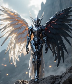 Generate a high-detail image of a slim, human-like mecha with dual elements, representing light and darkness. The mech has a sleek, futuristic design with one side embodying light, featuring shining silver armor with radiant gold and white accents, and an angelic, feathered wing extending from this side. The opposite side embodies darkness, adorned in matte black metal with red or dark purple accents, along with a demonic, bat-like wing. Ensure both wings are equally majestic but distinctly different, capturing the duality theme.

Place the mech in a contrasting background: the light side against a glowing celestial landscape, perhaps with rays of light piercing through clouds, and the dark side against a shadowy, mysterious environment with jagged rocks or a darkened sky. Blend the background at the center to show harmony between the two extremes. Emphasize lighting to bring out the intricate details of both the armor and wings, making the mech look powerful, balanced, and strikingly unique