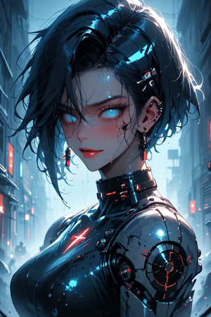 Midnight alleyway bathed in dim neon light, foggy atmosphere filled with cigarette smoke and shattered glass. A female gothic cyborg stands tall, mechanical limbs glistening under blue circuitry glow. Flickering streetlights cast an eerie haze on wet pavement as her piercing gaze cuts through darkness, cyberpunk warrior's defiant pose illuminated by the city's gritty pulse.