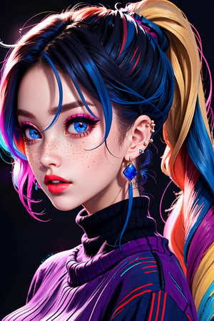 1girl, full view, solo, long hair, looking at viewer, bangs, vibrant eyes, detailed background, jewelry, multi-colored hair, ponytail, earrings, parted lips, glasses, sweater, lips, eyelashes, makeup, turtleneck, piercing, dark background, ear piercing, portrait, freckles, round eyewear, vibrant colors throughout.