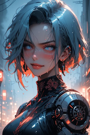 Midnight alleyway bathed in dim neon light, foggy atmosphere filled with cigarette smoke and shattered glass. A female gothic cyborg stands tall, mechanical limbs glistening under blue circuitry glow. Flickering streetlights cast an eerie haze on wet pavement as her piercing gaze cuts through darkness, cyberpunk warrior's defiant pose illuminated by the city's gritty pulse.