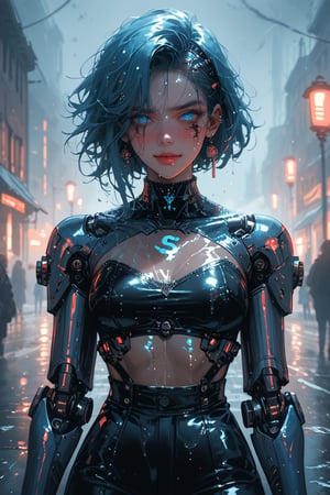 Midnight alleyway bathed in dim neon light, foggy atmosphere filled with cigarette smoke and shattered glass. A female gothic cyborg stands tall, mechanical limbs glistening under blue circuitry glow. Flickering streetlights cast an eerie haze on wet pavement as her piercing gaze cuts through darkness, cyberpunk warrior's defiant pose illuminated by the city's gritty pulse.