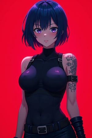 A anime close-up portrait of a woman with short, dark blue hair styled in a bob. She stands confidently, showcasing her muscular arms, with visible tattoos wrapping around them. Her tight, dark tactical outfit accentuates her athletic figure. The background is complete red, Soft lighting illuminates her face and upper body, creating a subtle blue and violet glow that adds a futuristic touch. The overall composition is balanced, with fine details on her tattoos and outfit.