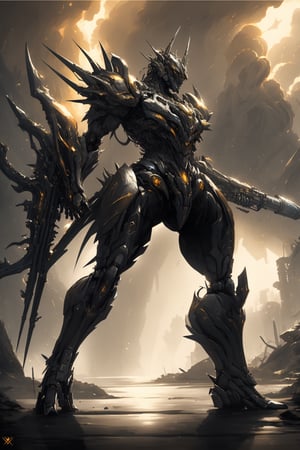 a highly detailed and dramatic image of a wild and ferocious mech, known as 'Wild Creation.' The mech should be heavily armed with numerous weapons and adorned with menacing spikes. It should be depicted in a dynamic pose, exuding power and intimidation. The design should be intricate, with good detailing on the armor, weapons, and mechanical parts. The lighting should be dramatic and emphasize the mech's formidable presence, similar to the golden glow and intense backlighting seen in the example image. The background should complement the mech's wild and destructive nature, possibly featuring a stormy sky or a battlefield.