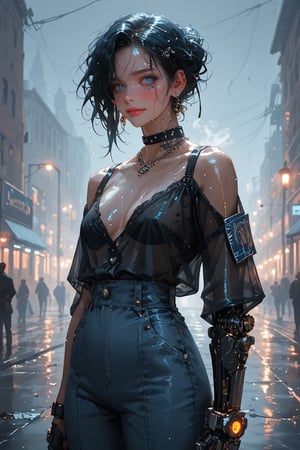 Midnight alleyway bathed in dim neon light, foggy atmosphere filled with cigarette smoke and shattered glass. A female gothic cyborg stands tall, mechanical limbs glistening under blue circuitry glow. Flickering streetlights cast an eerie haze on wet pavement as her piercing gaze cuts through darkness, cyberpunk warrior's defiant pose illuminated by the city's gritty pulse.