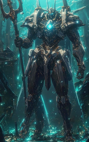 Create a detailed, human-sized ocean guardian mech standing powerfully in an underwater setting. The mech should have a sleek, streamlined design, primarily in shades of blue, with intricate armor details inspired by oceanic motifs like waves and coral patterns. It holds a large, ornate trident, symbolizing its role as a protector of the seas. Incorporate glowing aqua accents to highlight its power and make it blend naturally with the ocean background. The lighting should feel like it's underwater, with soft rays filtering through the water, giving the mech a mystical and ethereal presence.