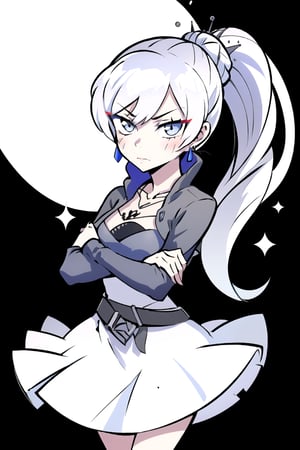 masterpiece, best quality, rwby_weissschnens, cowboy shot, solo, 1girl, weissvale, expressionless, closed mouth, looking at viewer, crossed arms, ponytail, scar on eye, white dress, jewelry, necklace, earrings,weissvale,Chibi