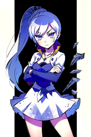 masterpiece, best quality, rwby_weissschnens, cowboy shot, solo, 1girl, weissvale, expressionless, closed mouth, looking at viewer, crossed arms, ponytail, scar on eye, white dress, jewelry, necklace, earrings,weissvale,Chibi