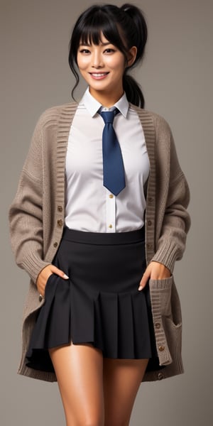 nsfw,A photorealistic image of a 25-year-old Asian girl standing confidently in a school uniform. She wears a black-haired ponytail with blunt bangs framing her face. Her smooth thighs are visible beneath the gray skirt that falls just above her knees. A knit cardigan is draped over her shoulders, tied at the front with a red tie that adds a pop of color to the outfit. Loose socks cover her calves, completing the schoolgirl look. The subject stands in a neutral background, emphasizing her youthful energy and academic charm.