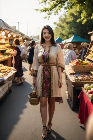 A mystical maiden, (((full body:1.3))), stands amidst the vibrant asian farmer's market, surrounded by stalls featuring half-timbered construction. The setting sun casts a warm glow on her traditional medieval attire as she holds a basket overflowing with vegetables and fruits. Her monolid eyes sparkle with a subtle smile, inviting viewers to linger at this enchanted scene, where secrets are shared through exquisite watercolor and INK art.