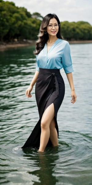 asian woman,brown skin,thuck wavy hair,
full_body surrounded by water, semi rimless glasses