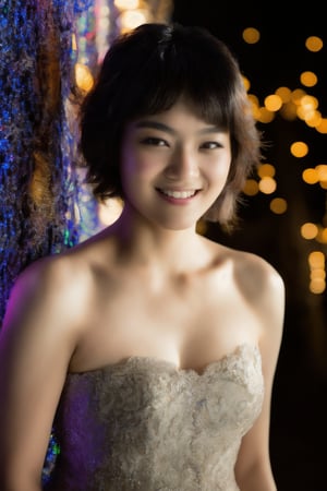 A masterpiece of a girl with short hair, set against a backdrop of swirling midnight light particles. Her smile illuminates the darkness, as she poses confidently amidst the ethereal glow. The high-resolution image showcases her flawless features in exquisite detail, rendering every nuance and texture with stunning realism.