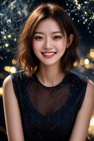 A masterpiece of a girl with short hair, set against a backdrop of swirling midnight light particles. Her smile illuminates the darkness, as she poses confidently amidst the ethereal glow. The high-resolution image showcases her flawless features in exquisite detail, rendering every nuance and texture with stunning realism.,short hair