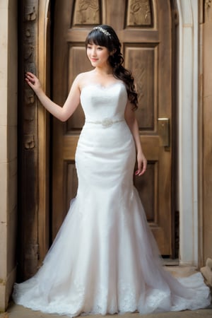 Asian woman Standing alone at the door of an ancient European church, looking at viewer, light wavy  hair, wedding dress, thick body,bare feet, full body,wavy hair with bangs