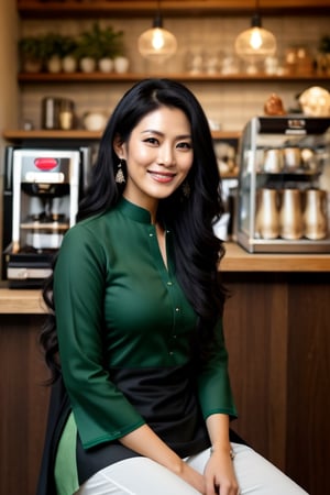 Lovely cute young attractive asian  girl, 35 years old, cute model, long black_hair, black  hair, They are wearing a   green kurta, and she is sit in coffee shop,photorealistic