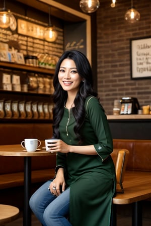 Lovely cute young attractive asian  girl, 35 years old, cute model, long black_hair, black  hair, They are wearing a   green kurta, and she is sit in coffee shop,photorealistic