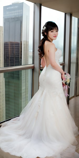 Asian woman standing alone on a skyscraper at midnight, looking back, light wavy  hair, wedding dress, thick body,bare feet, full body,wavy hair with bangs