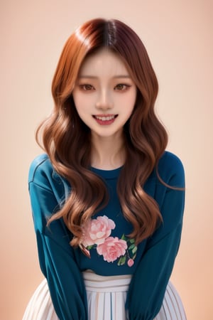 A delightful, photorealistic depiction of an Asian woman with wavy rose gold hair, standing in a playful pose amidst a whimsical white background. Her chibi-like features include oversized eyes, small stature, and a cheerful expression that exudes kawaii charm. Simple clothing and adorable accessories adorn her petite frame, while blush cheeks and expressive gestures convey her youthful energy. Pastel colors dance across the scene, capturing the essence of SmpSk's and CrclWc's creative visions.