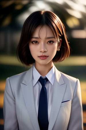 A confident 18-year-old Asian girl stands out against a blurred background, her blunt bangs framing her heart-shaped face as she gazes directly into the camera. Her subtle eyeliner and natural lip color accentuate her monolid eyes. She wears a crisp white school uniform, complete with a blazer and tie, exuding youthful professionalism in a photorealistic image.,short hair