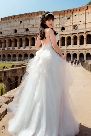 Asian woman Standing alone in the Colosseum, looking back, Wearing a wedding dress with a long skirt, thick body,bare feet, full body,wavy hair with bangs