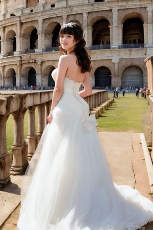 Asian woman Standing alone in the Colosseum, looking back, Wearing a wedding dress with a long skirt, thick body,bare feet, full body,wavy hair with bangs