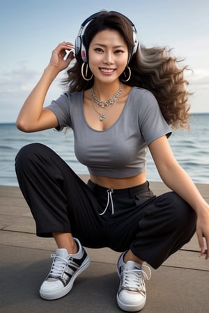 asian girl,grey blonde hair(very long hair, curly_hair),hiphop dancer,wearing all black clothes (loose fit top and wide cargo pants),sneakers,headphone, sitting at sea bank,horizon,seaside,accessories(necklace,ear_rings),Best Quality, 32k, photorealistic, ultra-detailed, finely detailed, high resolution, perfect dynamic composition, beautiful detailed eyes, sharp-focus, full body_shot, 