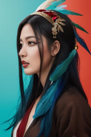 (((full body:1.3))),
1girl, solo, headdress, long_hair, feathers, jewelry, blue_hair, gem, red_background, lips, hair_ornament, profile, braid, portrait, watermark, from_side, looking_away, feather_hair_ornament,monolid eyes