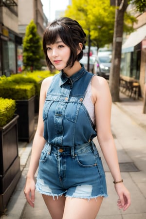 Image of Asian woman with short hair and wheaten skin. She was wearing a dress and denim shorts and was taking a walk. The background can be a city street or a park, and the overall tone should be bright and natural.,wavy hair with bangs