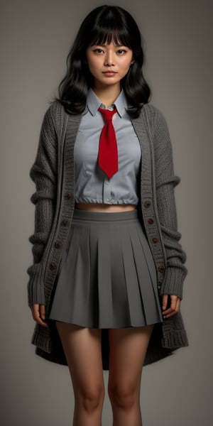 A photorealistic image of a 18-year-old asian girl with black hair featuring blunt bangs, dressed in a school uniform consisting of a gray skirt, red tie, and loose socks. She stands out against a neutral background, her knit cardigan draped casually over her shoulders. The soft lighting accentuates the texture of her hair and clothing, while the framing emphasizes her youthful elegance.