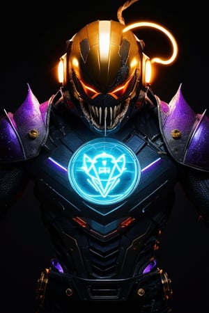 (((MASTERPIECE, best quality, highres, 8k, UHD, HDR))), (future technology), (close-up), (flying over burned city), venom face helmet, musculature, muscle, biomechanical long metal pant embroidery with glowing tetemic skull, blue to purple gradient background, glowing machine cord across the body, ((intense glowing neon light on muscle fiber)), black and golden steel, dark and sinister, volcano in the background, futuristic atmospheric world, nuclear machine, thermodynamic reactor body, Wonderful light and shadow effects, light particles, mixed machine with alien technology to show unique combination of absurdity of machinations, create an eye-stunning visual to bring viewer to the land of fantasy and machines, ,DonMM4ch1n3W0rld ,Gold_Zeo_Ranger, r1ge, chaotic, apocalyptic, visually encouraging,ven0mancer,venom