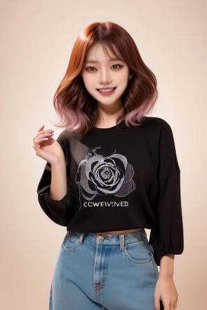 A delightful, photorealistic depiction of an Asian woman with wavy rose gold hair, standing in a playful pose amidst a whimsical white background. Her chibi-like features include oversized eyes, small stature, and a cheerful expression that exudes kawaii charm. Simple clothing and adorable accessories adorn her petite frame, while blush cheeks and expressive gestures convey her youthful energy. Pastel colors dance across the scene, capturing the essence of SmpSk's and CrclWc's creative visions.