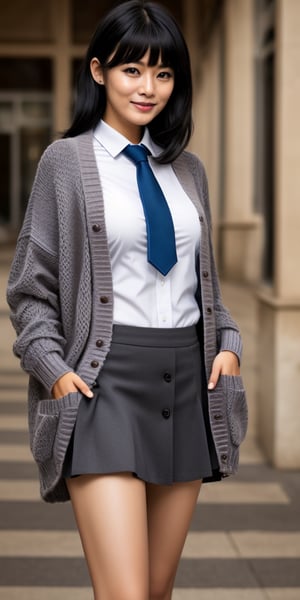 1girl,black-hair,(blunt_bangs),18 years old,school_uniform,knit cardigan,gray skirt,red tie,loose socks,photorealistic