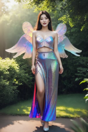 (((full body:1.3))),
(masterpiece, best quality, CGI, official art:1.2), (stunning celestial being:1.3), (iridescent wings:1.4), shimmering silver hair, piercing sapphire eyes, gentle smile, (luminous aura:1.2), soft focus, whimsical atmosphere, serene emotion, dreamy tone, vibrant intensity, inspired by Hayao Miyazaki's style, ethereal aesthetic, pastel colors with (soft pink accents:1.1), warm mood, soft golden lighting, diagonal shot, looking up in wonder, surrounded by (delicate clouds:1.1) and (shimmering stardust:1.2), focal point on the being's face, intricate textures on wings and clothes, highly realistic fabric texture, atmospheric mist effect, high image complexity, detailed environment, subtle movement of wings, dynamic energy.,monolid eyes