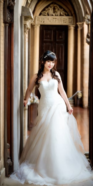 Asian woman Standing alone at the door of an ancient European church, looking at viewer, light wavy  hair, wedding dress, thick body,bare feet, full body,wavy hair with bangs