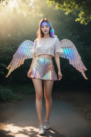 (((full body:1.3))),
(masterpiece, best quality, CGI, official art:1.2), (stunning celestial being:1.3), (iridescent wings:1.4), shimmering silver hair, piercing sapphire eyes, gentle smile, (luminous aura:1.2), soft focus, whimsical atmosphere, serene emotion, dreamy tone, vibrant intensity, inspired by Hayao Miyazaki's style, ethereal aesthetic, pastel colors with (soft pink accents:1.1), warm mood, soft golden lighting, diagonal shot, looking up in wonder, surrounded by (delicate clouds:1.1) and (shimmering stardust:1.2), focal point on the being's face, intricate textures on wings and clothes, highly realistic fabric texture, atmospheric mist effect, high image complexity, detailed environment, subtle movement of wings, dynamic energy.,monolid eyes