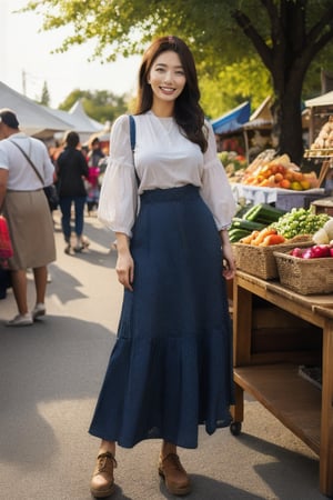 A mystical maiden, (((full body:1.3))), stands amidst the vibrant asian farmer's market, surrounded by stalls featuring half-timbered construction. The setting sun casts a warm glow on her traditional medieval attire as she holds a basket overflowing with vegetables and fruits. Her monolid eyes sparkle with a subtle smile, inviting viewers to linger at this enchanted scene, where secrets are shared through exquisite watercolor and INK art.