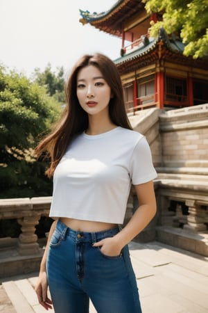 A beautiful girl with long  brown hair and brown eyes, wearing casual jeans and a white T-shirt, holding a camera, wandered around the Chinese palace, capturing the beauty and sacredness of ancient buildings.