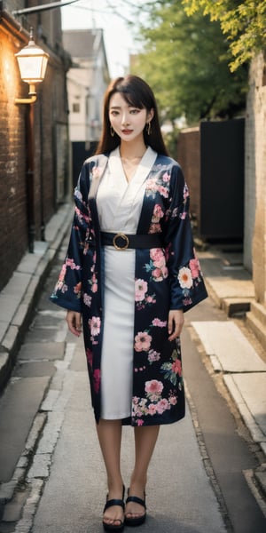 A young Japanese woman with a cute, doll-like face, wearing a long-sleeved kimono with a gorgeous floral pattern, standing in an old, historical cobblestone alley during a light snowfall, illuminated by vintage street lamps. She has medium-length hair, earrings, and is  for a full-body shot. The image should be 8K, original, super detailed, of the best quality, with a very detailed face and eyes, glossy skin, and the upper body should have professional lighting, soft light, sharp focus, and written boundary depth.,monolid eyes